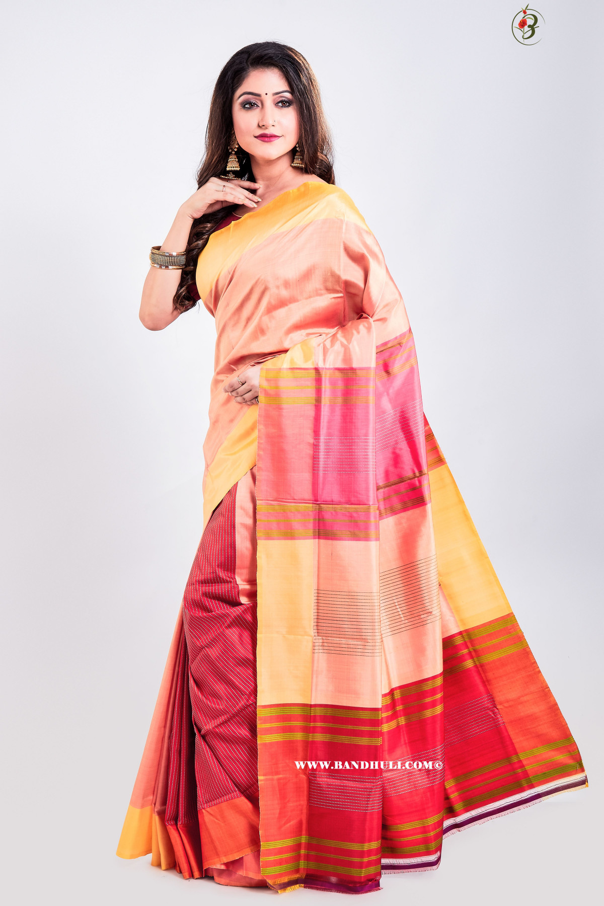 Peach & Brick red Color Patli Pallu Mulberry Silk Saree